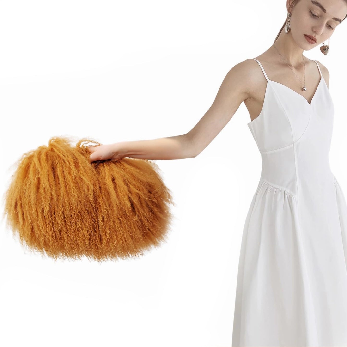 FINILUO Women Luxury Real Lamb Mongolian Flush Wool Fur With Genuine Leather Handles Handbag Camel