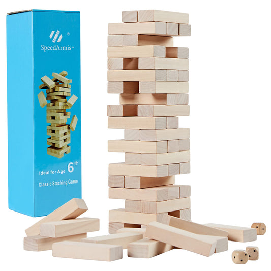 Mini Tumble Tower, 54PCS Wooden Stacking Game for Teens - Pine Stack Timber Board Games with 4 Dice Set - Classic Xmas Gifts for Kids