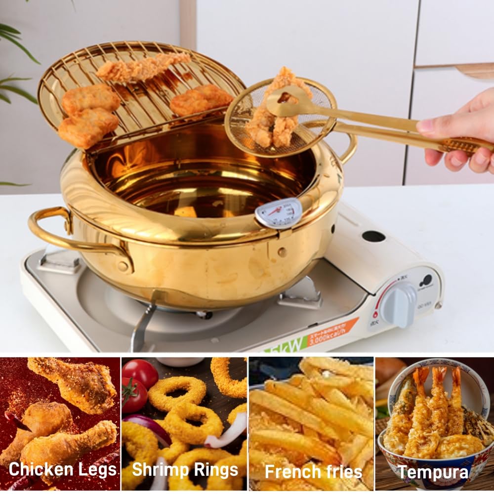 Stainless Steel Deep Fryer for Home, 115Oz Tempura Fryer Pot w/Thermometer and Oil Drip Rack Lid, Japanese Style Deep Frying Pan w/Strainer Clip, for Tempura chips, Fish, and Chicken (Rainbow Color)