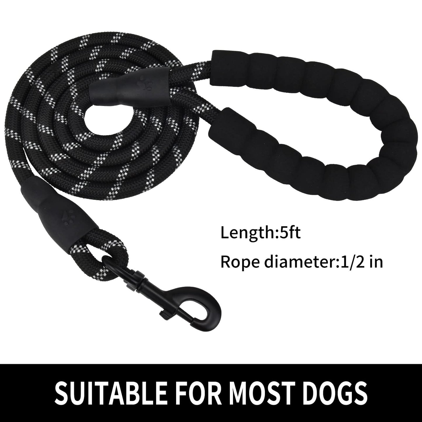 Panykoo 5/6 FT Strong Pet Dog Leash with Soft Padded Handle,Highly Reflective Rope for Night Walking,360-Degree Rotating Metal Buckle Without Tangles,Suitable for Small,Medium and Large Dogs.(5ft)