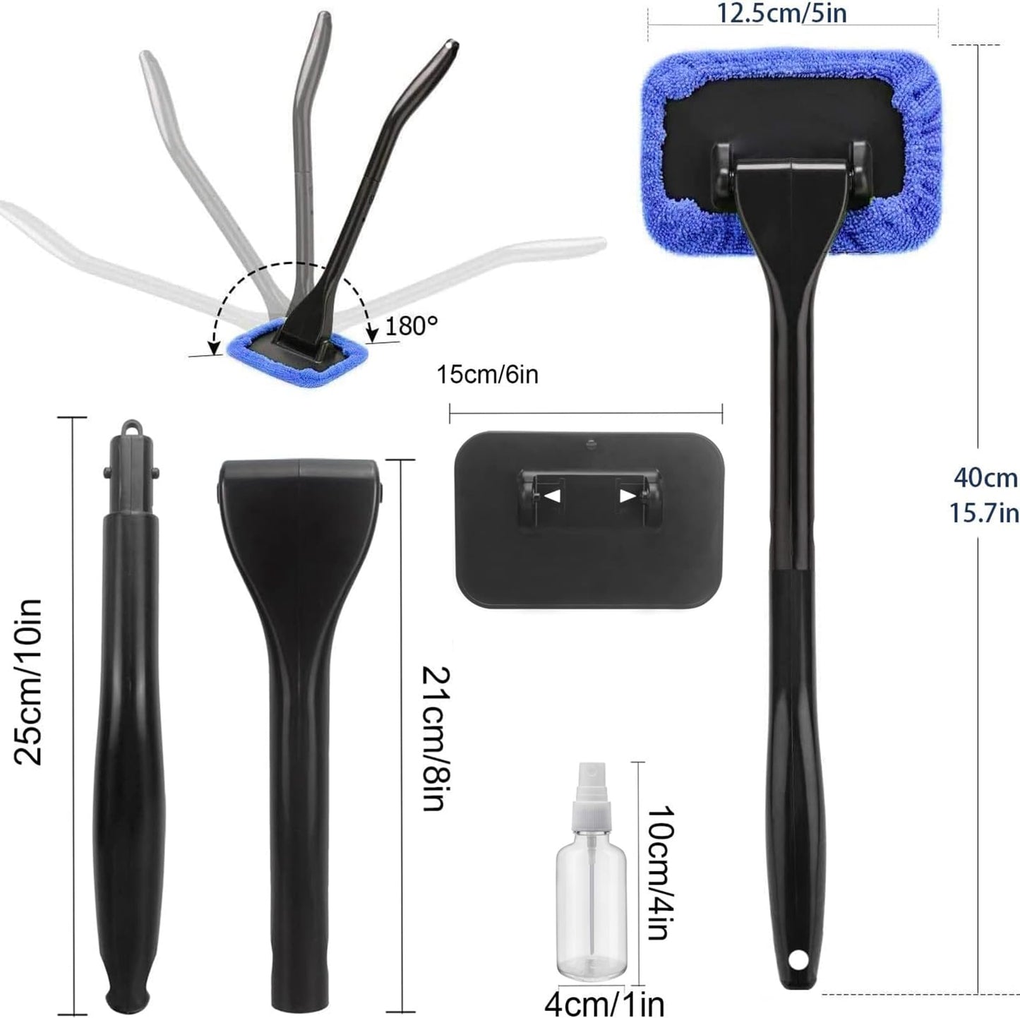 Car Windshield Cleaner Kit with Spray Bottle – Detachable Handle Auto Glass Cleaning Tool with 5 Reusable Microfiber Pads and 30ml Refillable Sprayer – Portable Interior Car Window & Mirror Washer