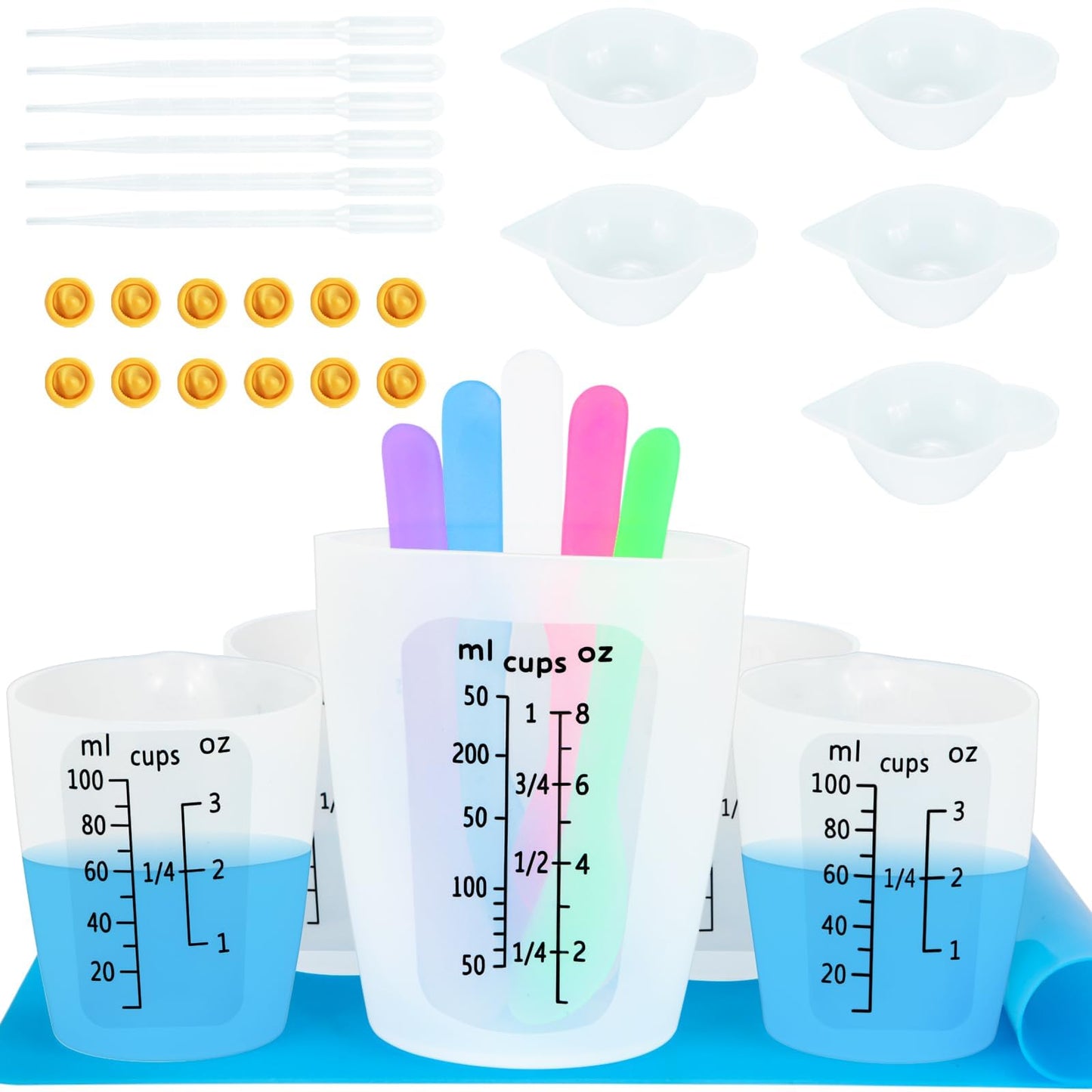 Silicone Measuring Cups Tool Kit , Non-Stick 250 & 100ml Epoxy Mixing Cups, Reusable Resin Supplies with Silicone Mat, Stir Sticks, Pipettes, Color Cups for Resin, Molds, Jewelry Making