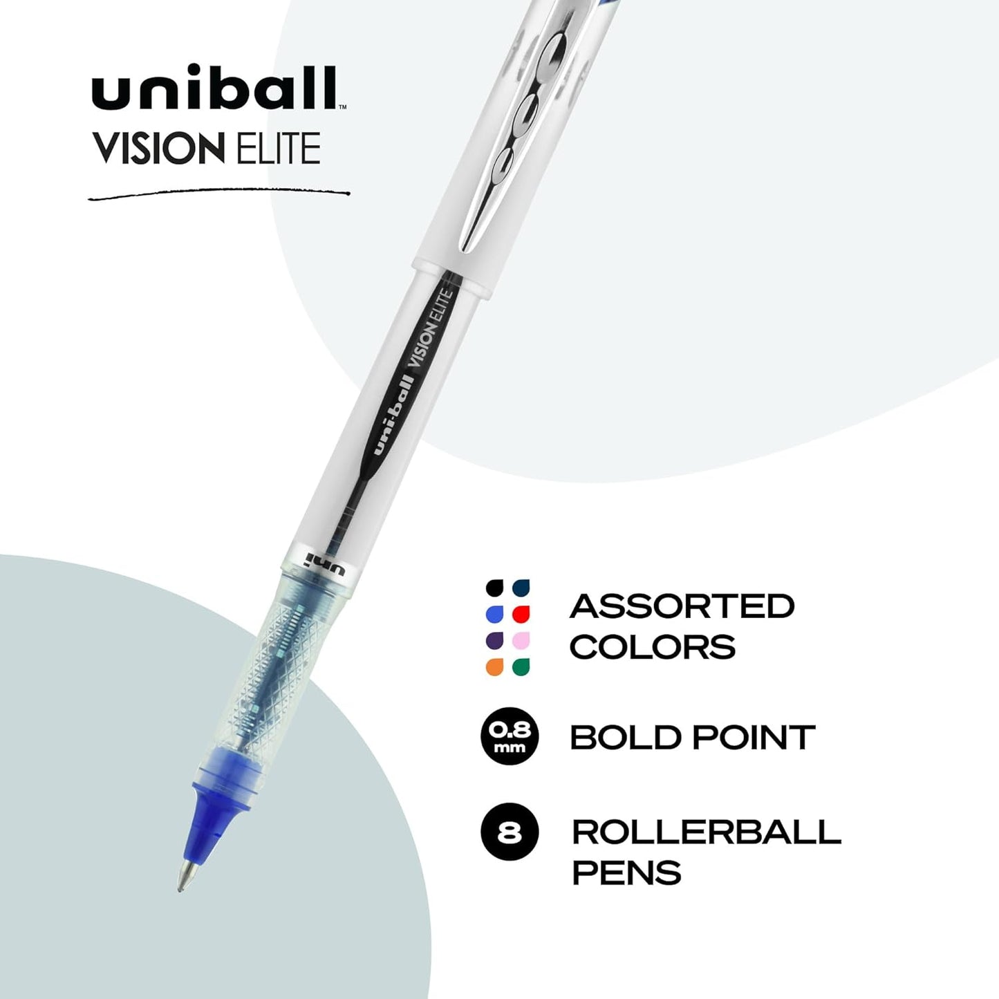 uni-ball® Vision™ Elite™ Liquid Ink Rollerball Pens, Bold Point, 0.8 mm, Black Barrel, Assorted Ink Colors, Pack Of 8