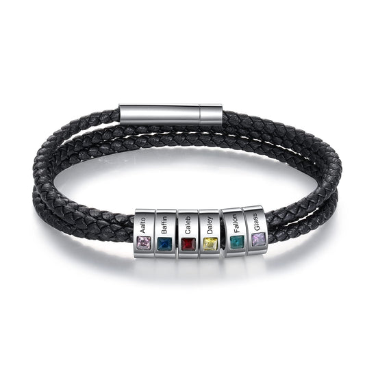 Personalized Mens Braid Bracelet Custom Bracelet with 1-8 Engraved Beads Family Names Jewelry Gifts for Men Father's day