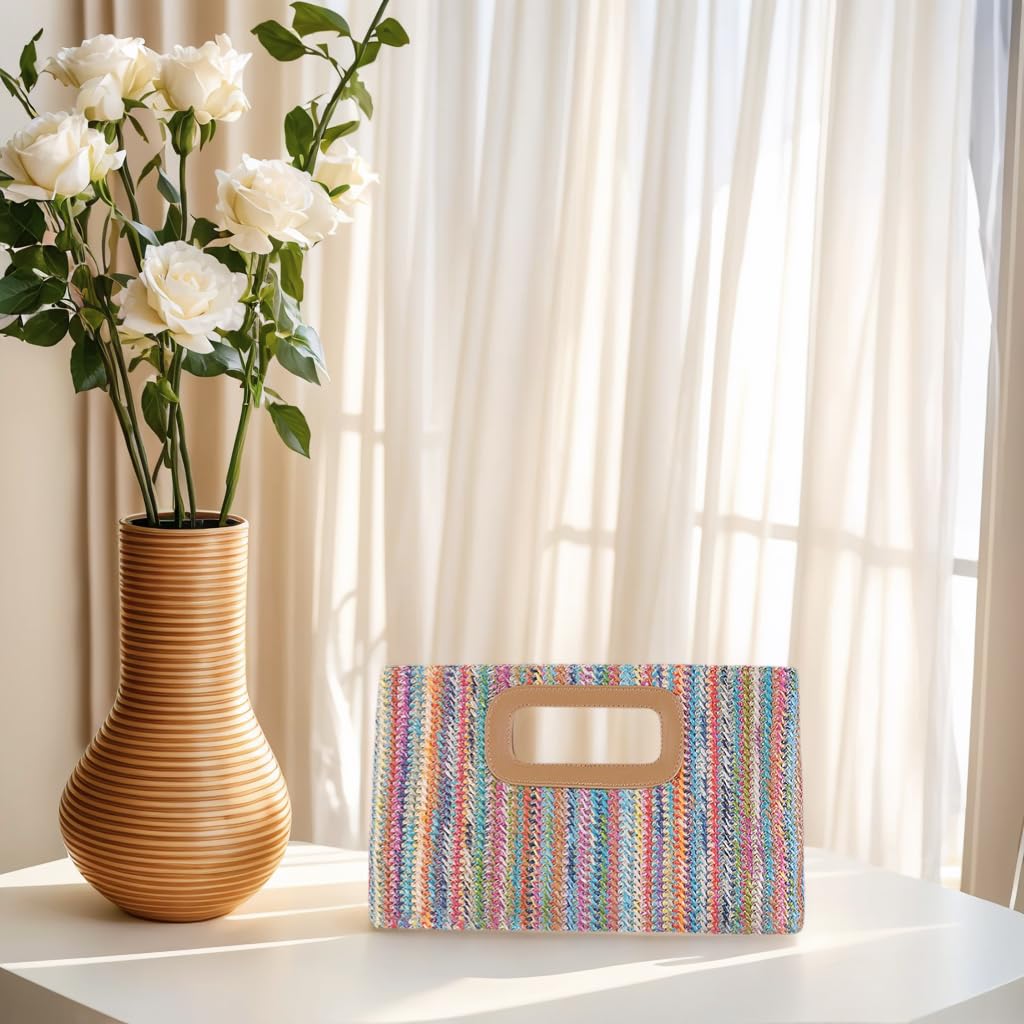 ChiHaul Chic Handbags for Women、Summer Clutch Purse with Handle、Woven Bags Suitable for Party and Beach(Rainbow)