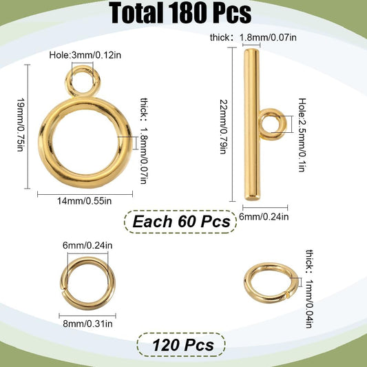 1 Box 60 Sets Toggle Clasps Ring and Bar Clasp Gold & 120Pcs Brass Open Jump Rings OT Toggle T-Bar Connectors Findings for Jewelry Making Supply DIY Crafts Necklace Bracelet Supplies