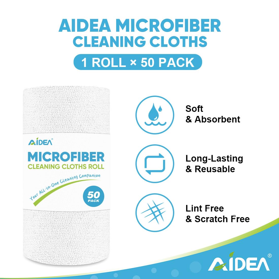 AIDEA Microfiber Cleaning Cloth Roll, White 50PK, Tear Away Reusable Paper Towels, Commercial Shop Rags, Microfiber Towels for Cars, Lint Free Rags for House, Kitchen, Automotive, 11.5"×11.5"
