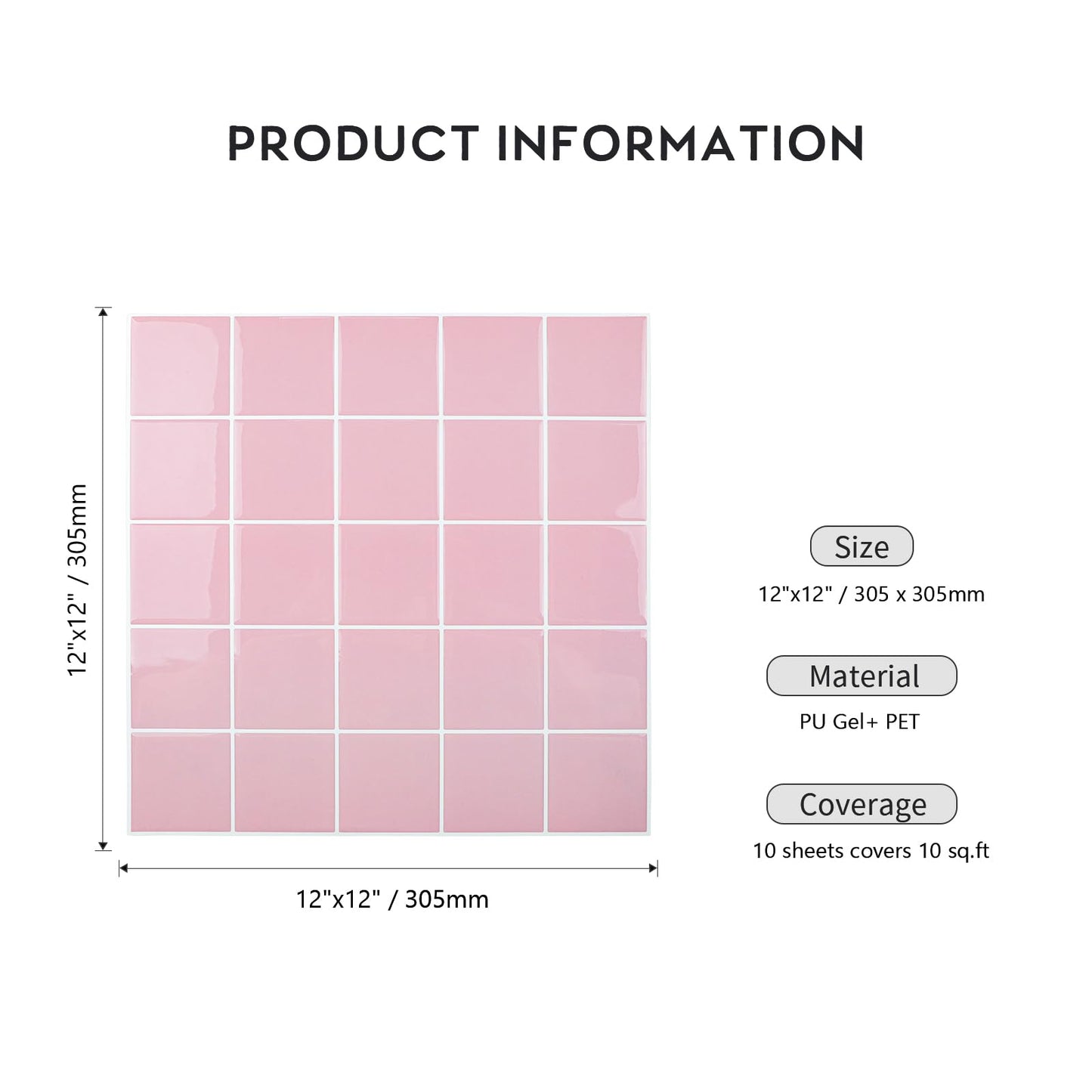 HOMEART Pink Peel and Stick Backsplash Square Tile, 3D Self Adhesive Stick on Backsplash Wall Tile Stickers for Kitchen Bathroom (10 Sheets, 12"x12")