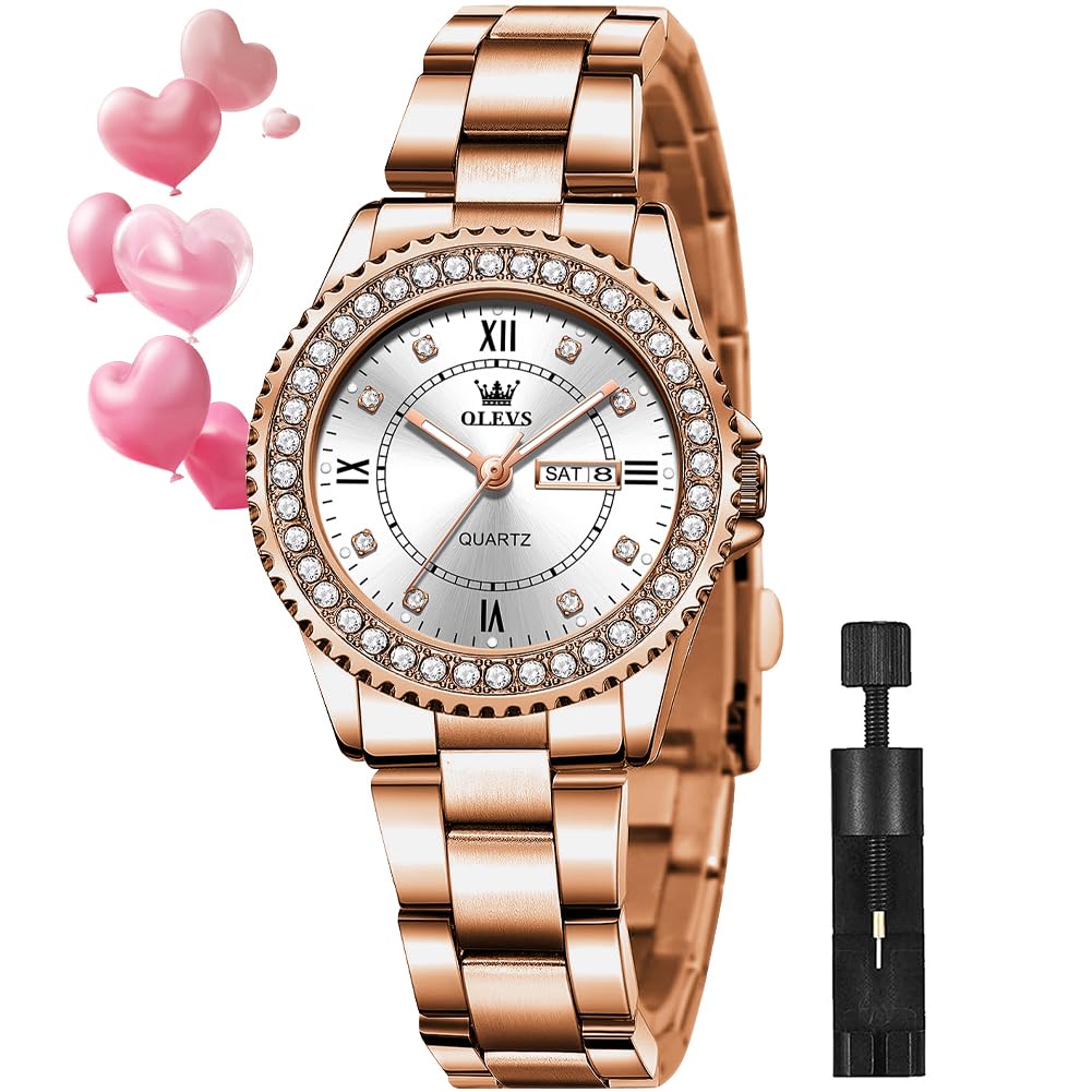 OLEVS Female Watch with Date Luxury Rose Gold Watches for Women Diamond Waterproof Lady Wrist Watch Analog Dress Stainless Steel Luminous Calendar Gift Women Watches Green Dial