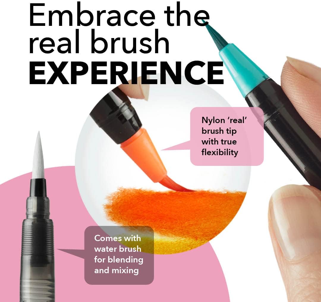 Castle Art Supplies Watercolour Brush Pens Set | 24 Lively Colours, with Flexible Nylon Tips | For adult colouring, painting, lettering – artists and beginners | Travel Case with Extra Water Brush Pen