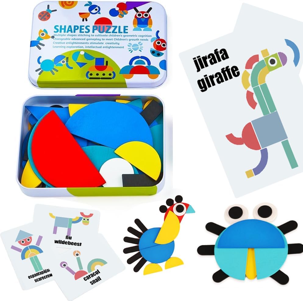 Spanish Sight Words Jigsaw Puzzle for Kids | Bilingual Learning Toy | Educational Stacking and Sorting Game Geometric Pattern Blocks Tangram Puzzles