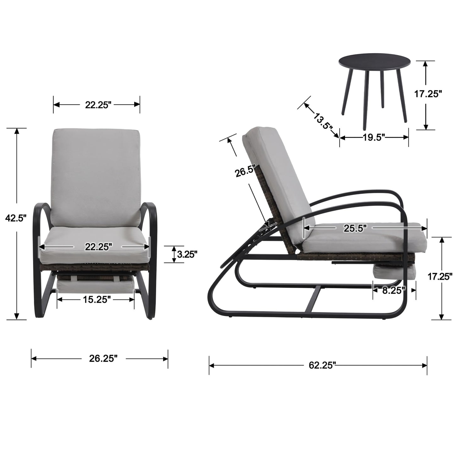 DAYARUS 3 Piece Patio Furniture Set with Pullout Footrest, Adjustable Backrest Patio Conversation Set, Metal Patio Chairs with Coffee Table, Outdoor Furniture Lounge Recliner for Lawn/Balcony, Grey