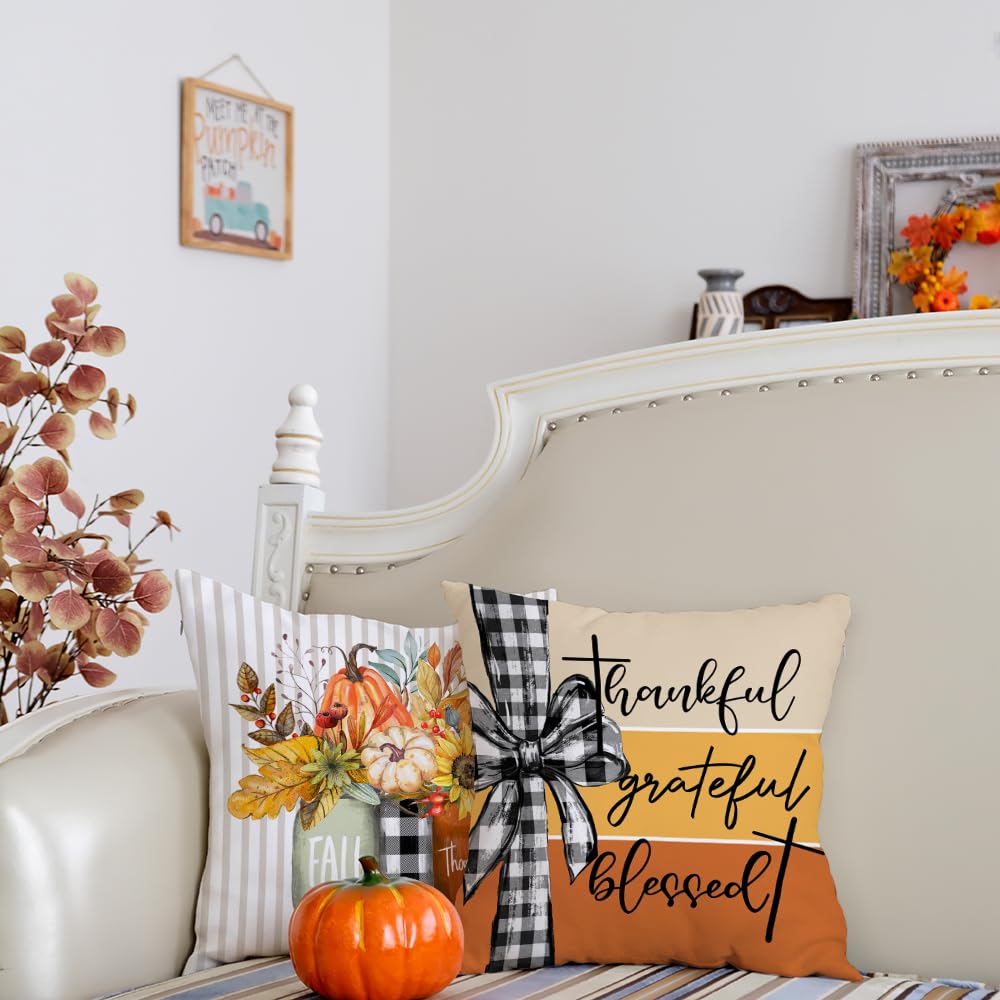 GEEORY Fall Pillow Covers 18x18 Inch Set of 4, Pumpkins Mason Jars Home Sweet Home Striped Seasonal Decorative Throw Pillows Farmhouse Autumn Thanksgiving Decorations for Home Decor (Orange)