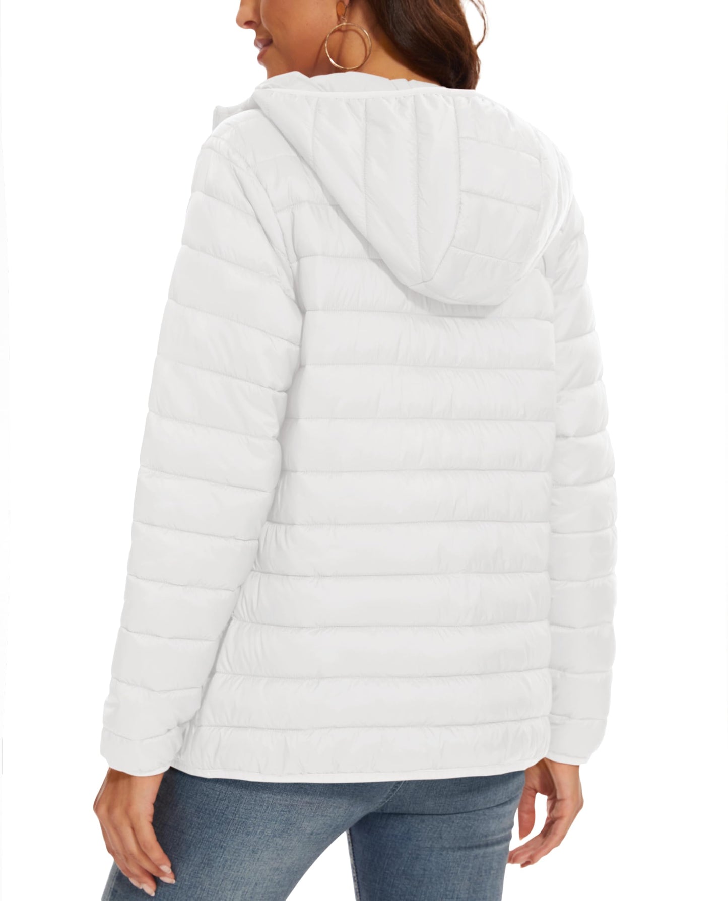 MAGCOMSEN Womens Puffer Jacket Hooded Lightweight Quilted Winter Long Sleeve Water-resistant Zip-up Coat with Inner Pocket, White M
