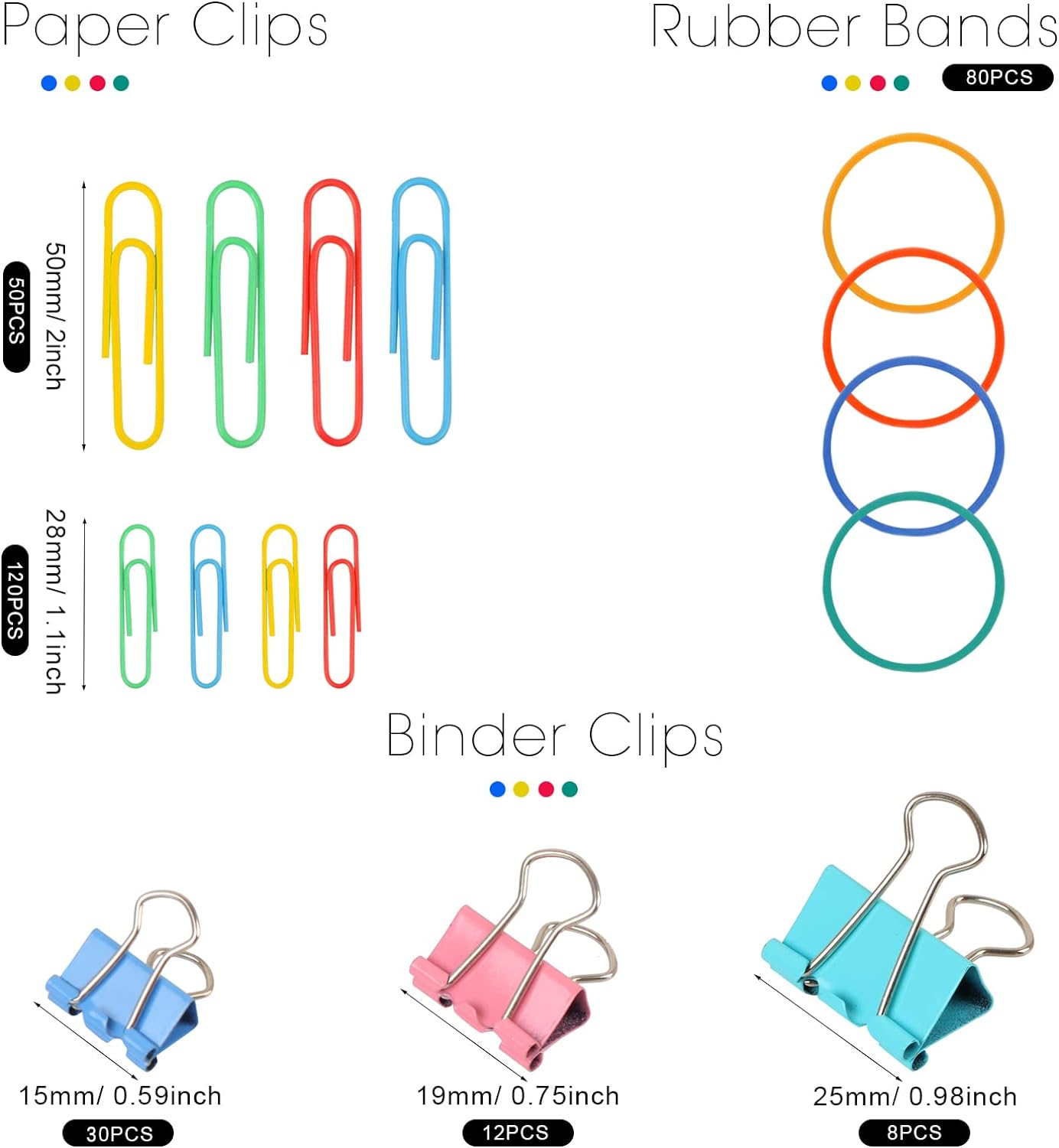 300 Pcs Binder Clips, Rubber Bands, Office Set, Paper Clips, School & Teacher Supplies for Office Desk Essentials (Assorted Sizes)