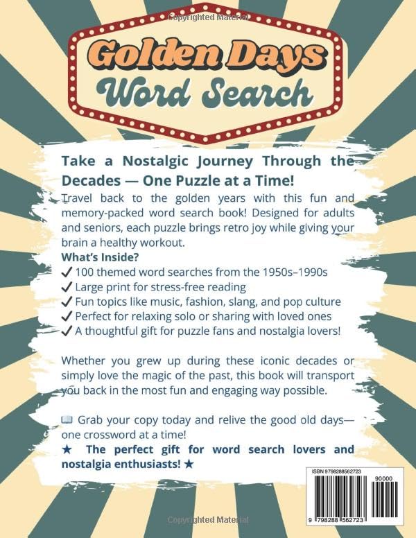 Golden Days Word Search Books For Adults & Seniors Large Print: 100 Unique Nostalgic Word Find Puzzles from the 50s, 60s, 70s, 80s & 90s ((Perfect Retro Gift for Baby Boomers)
