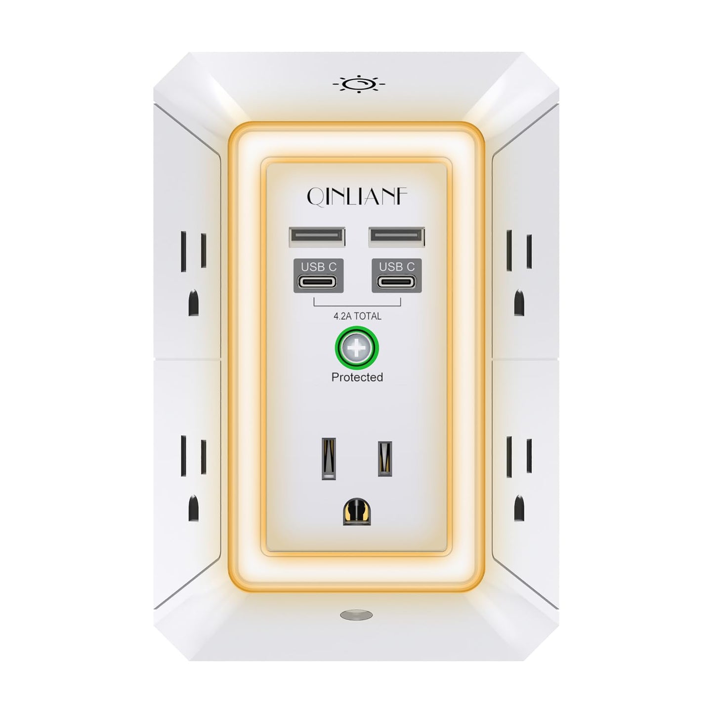 Wall Charger, Surge Protector, QINLIANF 5 Outlet Extender with 4 USB Charging Ports (4.8A Total) 3-Sided 1680J Power Strip Multi Plug Adapter Spaced for Home Travel Office (3U1C)