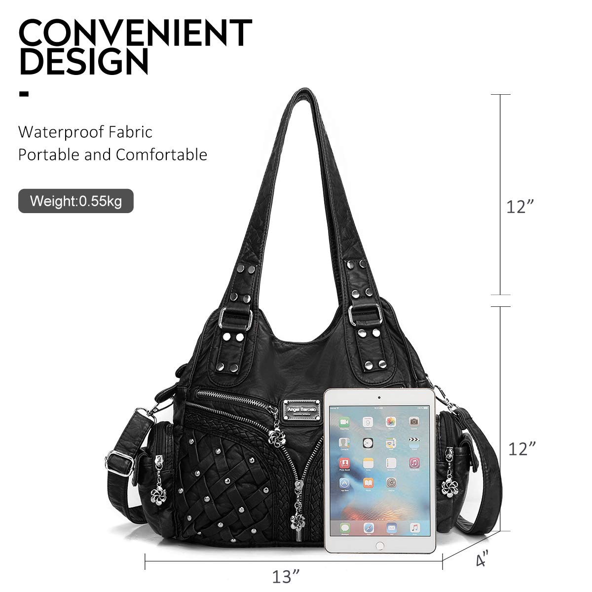 Angel Barcelo Roomy Fashion Hobo Womens Handbags Ladies Purse Satchel Shoulder Bags Tote Washed Leather Bag Black