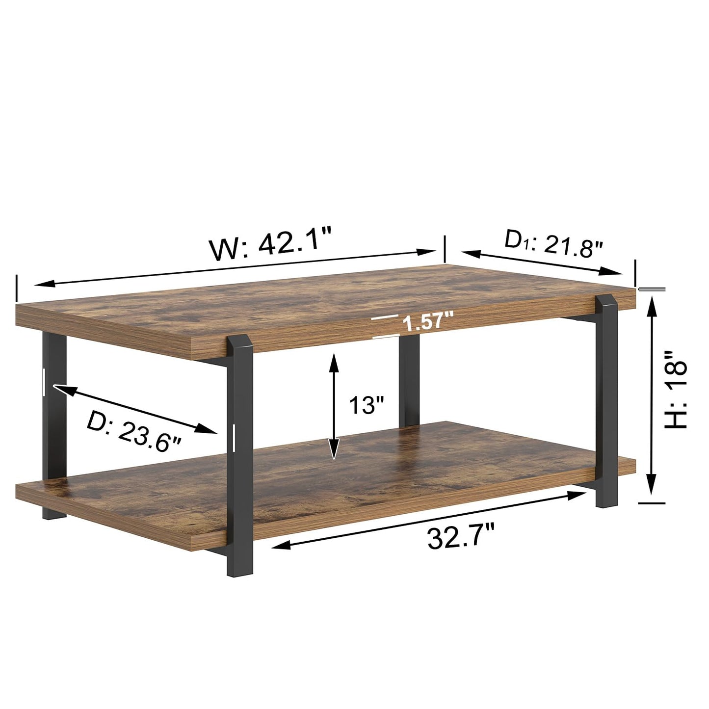 FOLUBAN Modern Coffee Table, Rustic Wood Center Table with Storage for Living Room, Industrial Rectangle 2 Tier Low Cocktail Tea Table, Rustic Brown