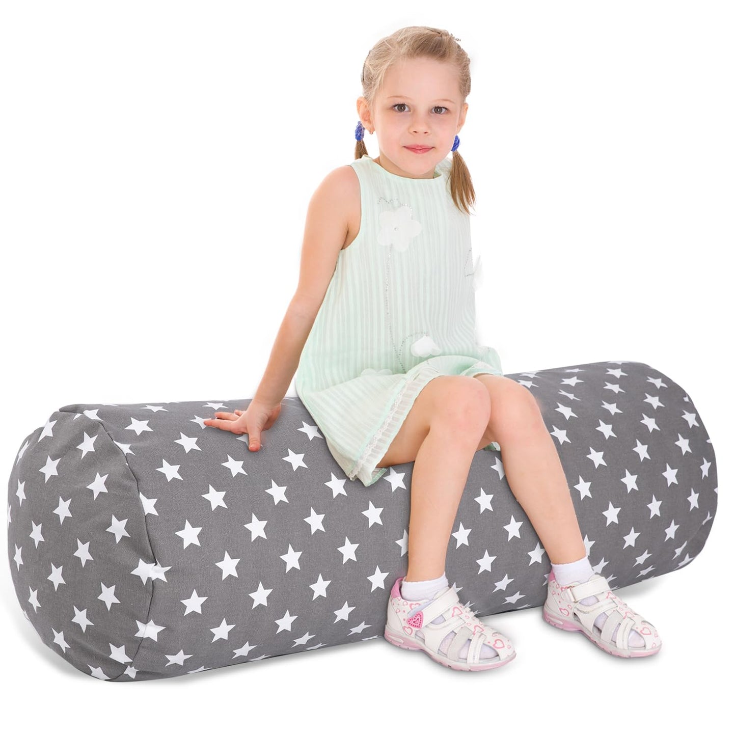 SANFERGE Stuffed Animal Storage Bean Bag Chair Cover (No Filler), Cylinder Plush Toy Storage Stuff and Sit Seat for Kids Boys and Girls, Canvas Large Soft Sit & Play Sofa with YKK Zipper