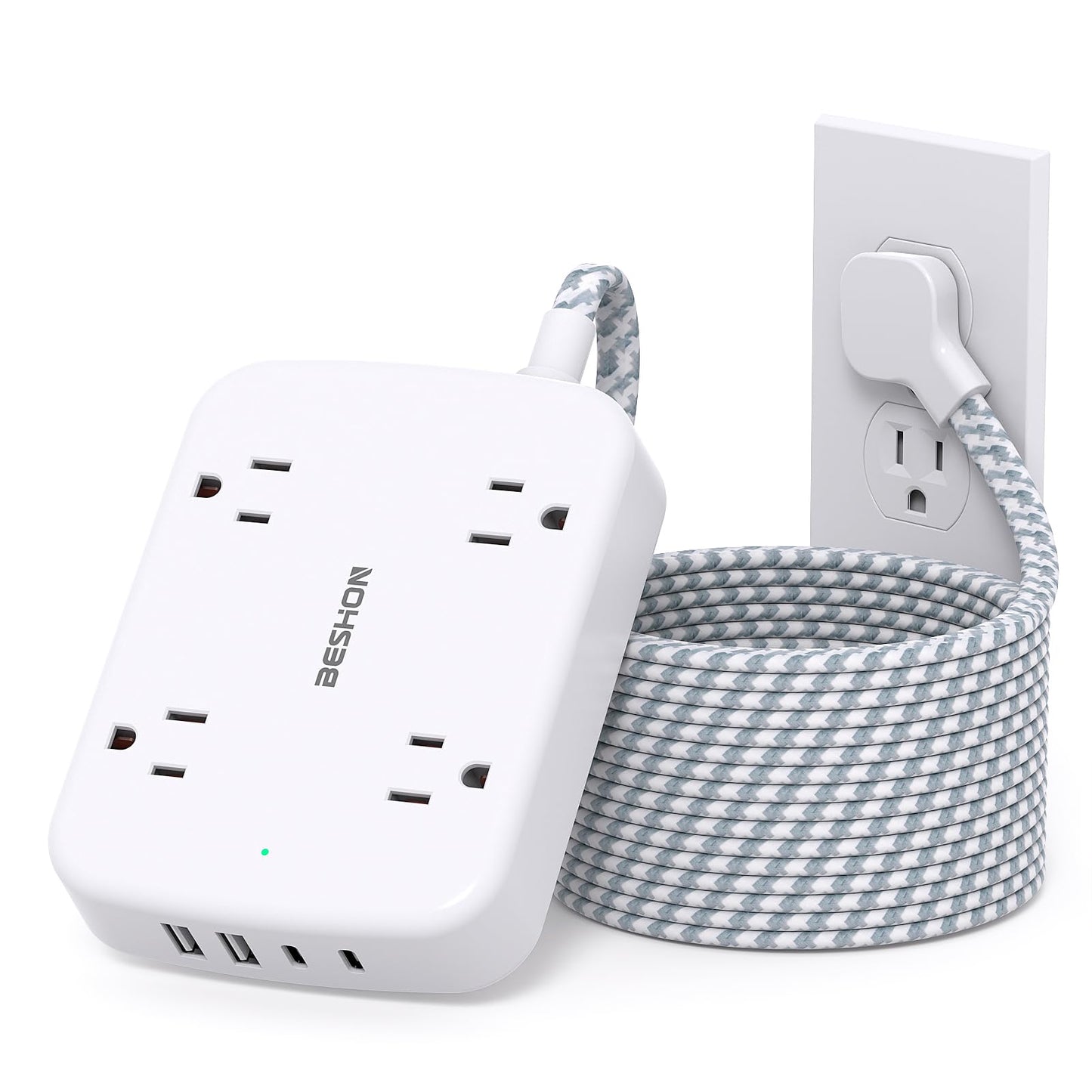 10FT Surge Protector Power Strip, BESHON Flat Extension Cord with 2 USB C, Flat Plug Power Strip, 4 Widely Outlets and 4 USB Charging Ports, 900 Joules, for Home Office Dorm Room Essentials,Black