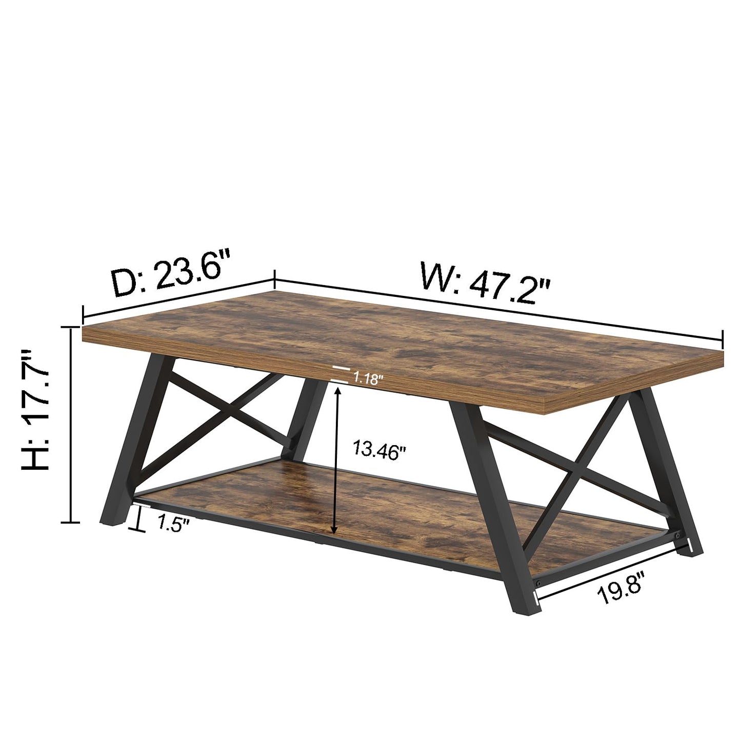 EXCEFUR Modern Coffee Table, Wood and Metal Living Room Center Table with Storage Shelf, Industrial Rectangle Cocktail Tea Table, Rustic Brown, 47 Inch