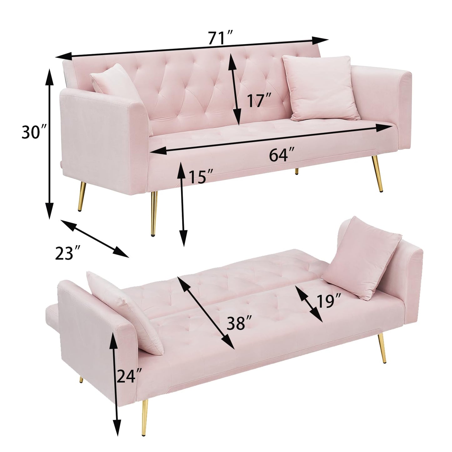71" Modern Velvet Sofa Bed Futon, Convertible Sleeper Couch with Adjustable Backrest, Tufted Recliner Loveseat with Golden Chrome Legs & 2 Pillows for Small Spaces, Living Room, Apartment (Pink)