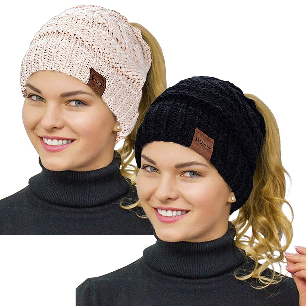 Rosoz 2 Pack Ponytail Beanie for Women,Winter Warm Beanie Tail Soft Stretch Cable Knit Messy High Bun Hat
