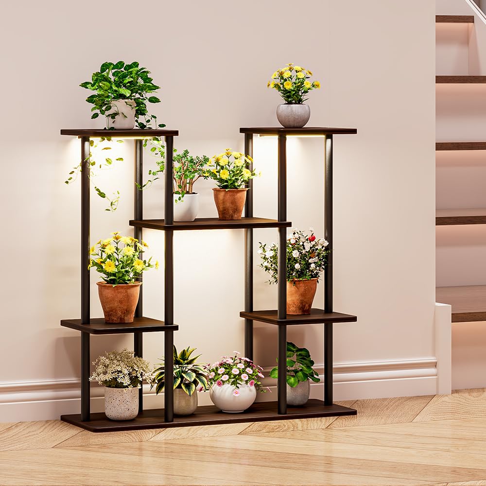 INGIORDAR Plant Stand With Grow Light Indoor Corner Tiered Metal Plant Organizer 4 Tier 10 Pot plants shelf for Window Garden Balcony Living Room