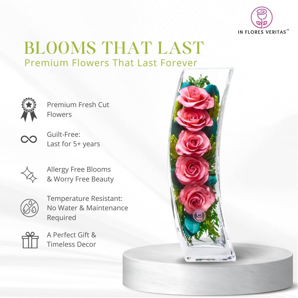 In Flores Veritas | Fresh Cut Preserved Roses in a Sealed Glass Vase | Long Lasting Bouquet Stays Fresh for 5+ Years | No Water Needed | Allergy Free | Unique Present Gift (FOMO Pink)