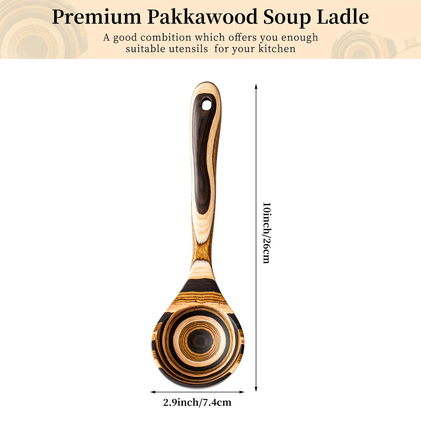 Gudamaye Pakkawood Deep Soup Ladles, 10.6 inch Big Wooden Ladle for Cooking, Wooden Kitchen Utensils Set