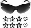 Rimless Y2K Sunglasses with Three Stars Charms, Pentagram Shaped Hair Clips and Spike Heart Earrings Combo for 2000s Women Rave Accessories