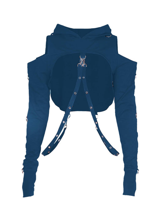 AULKEEP Gothic Punk Long Sleeve Cold Shoulder Hooded Crop Tops Buckle Strap Hoodie Sweatshirt