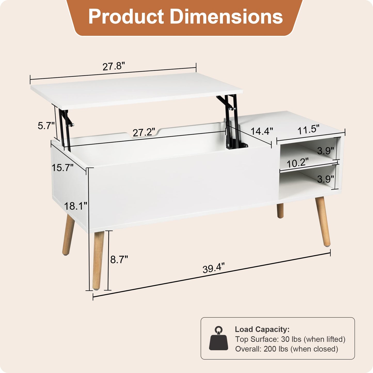 ALINE FURNITURE White Coffee Table Lift Top - Wood Coffee Table with Hidden Compartment Storage - 40" Pull Up Coffee Tables for Living Room