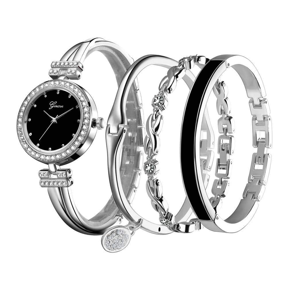 Weicam Women Stylish Four-Piece Bangle Bracelet Analog Quartz Wrist Watch (Silver)