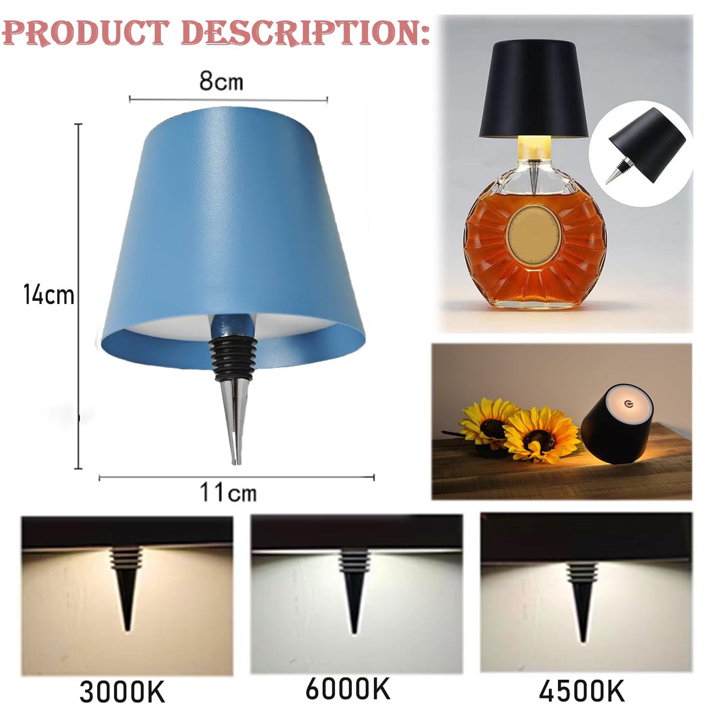 Wireless Bottle Lamp, 2025 New 3 Color Stepless Dimming Wireless Wine Bottle Lamp, USB Rechargeable Wine Bottle Lights, Touch LED Wine Bottle Lamp with for Home,Bar,Camping,Travel (Blue)