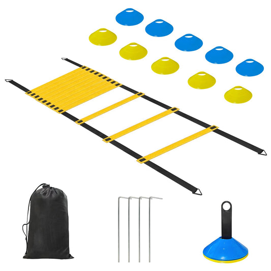 Speed Agility Training Equipment Set - 20ft Agility Ladder, 10 Disc Cones, Resistance Parachute, 5 Resistance Bands & Carry Bag | Football Soccer Basketball Fitness Drills for Kids Adults
