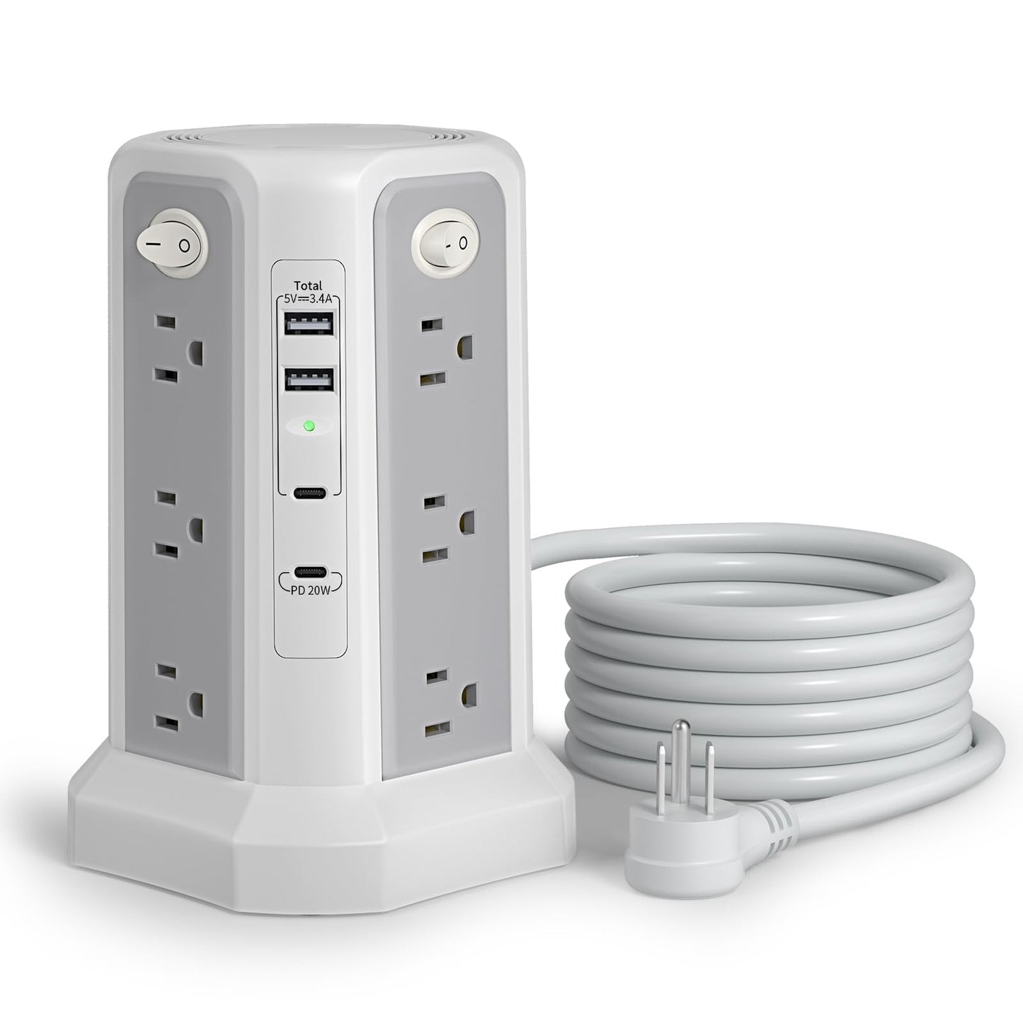 Surge Protector Power Strip Tower with USB C Port(PD18W),10FT Extension Cord with 12 AC Outlets 5 USB Charging Ports, PASSUS Power Tower Surge Protection for Home Office DormRoom