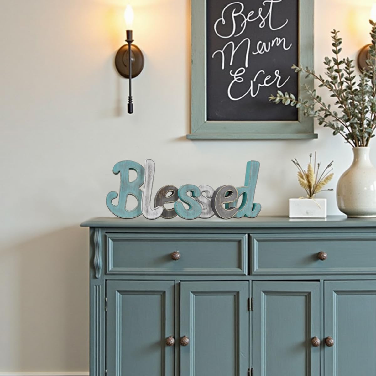 Teal Blessed Wooden Letters Wall Decor Freestanding Cut Out Decorative Wood Word Decor Signs for Living Room Shelf Mantel Table Top Rustic Home Decor