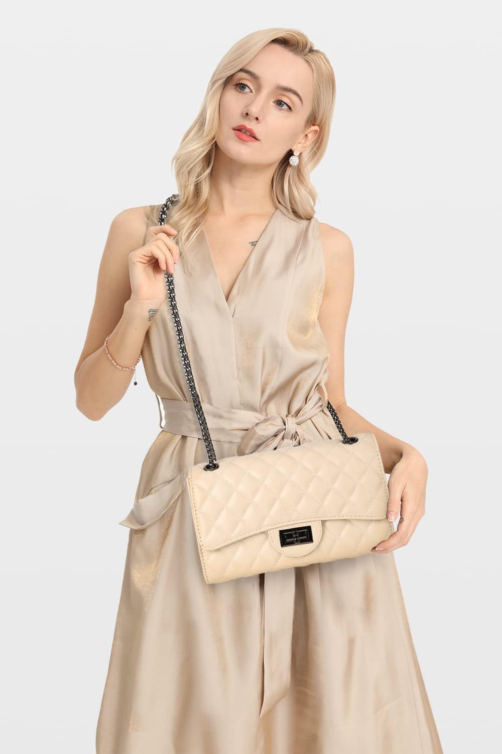 Gladdon Quilted Crossbody Purse for Women Trendy Ladies Shoulder Bag with Chain Designer Purses Beige I