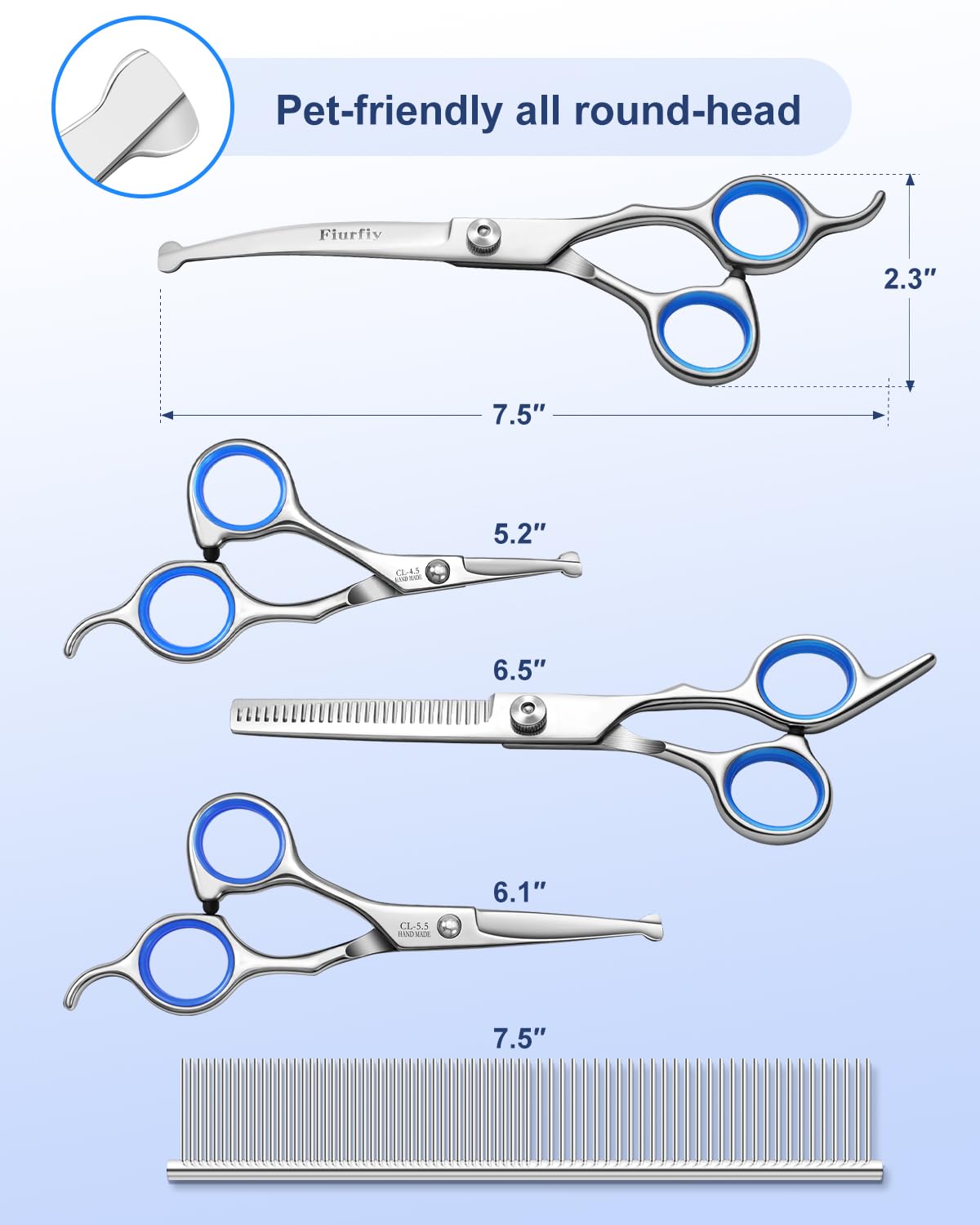 Fiurfiy 6-in-1 Dog Grooming Scissors - Professional Stainless Steel Hair Cutting Kit with Safety Rounded Tips, Ergonomic Soft-Grip Handles for Small & Large Dogs, Cats