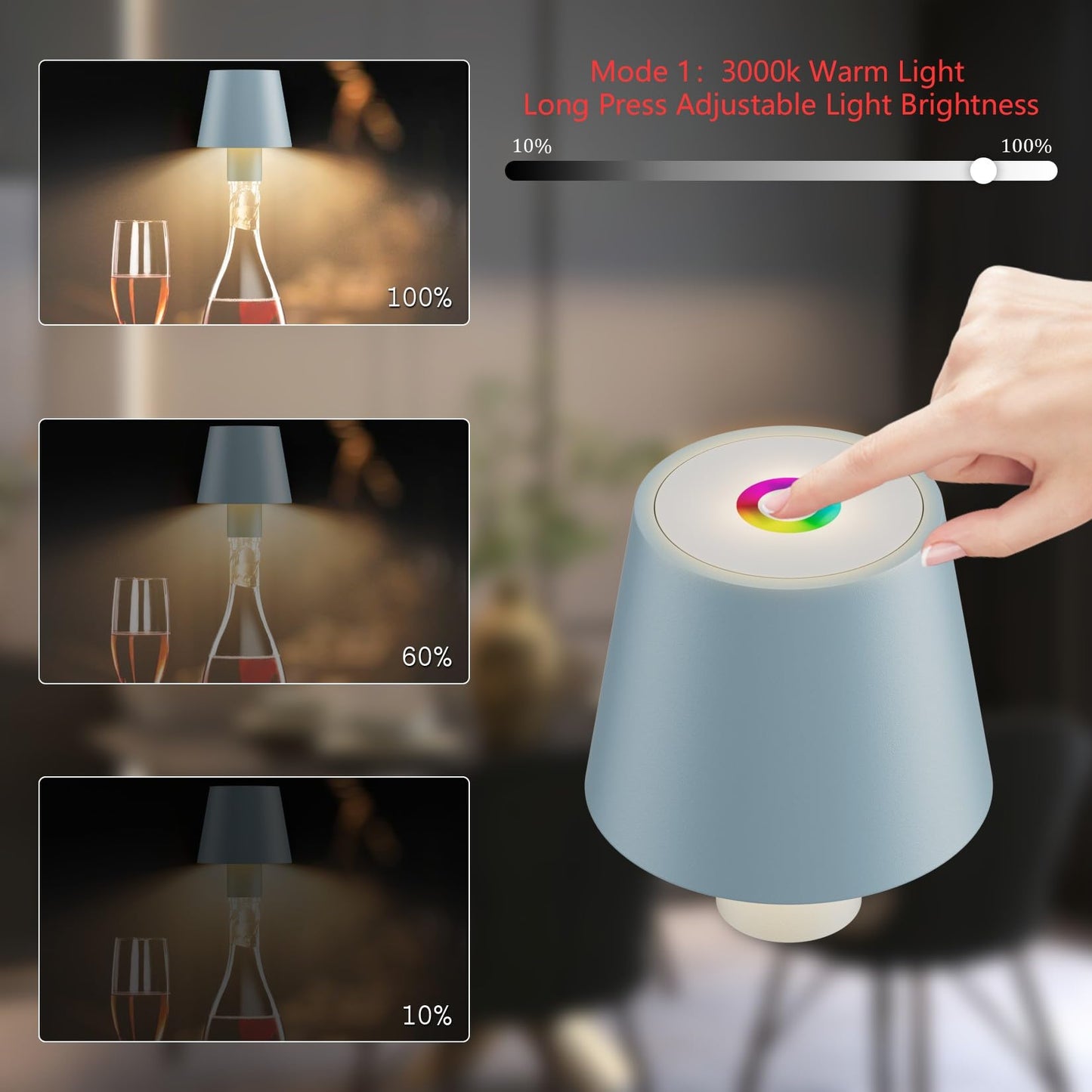 Howskys 2 Pack LED Dimmable Bottle Lamp 3000k+RGB, IP54 Wireless Lamp for Indoor & Outdoor, 5500 mAh Rechargeable, Blue