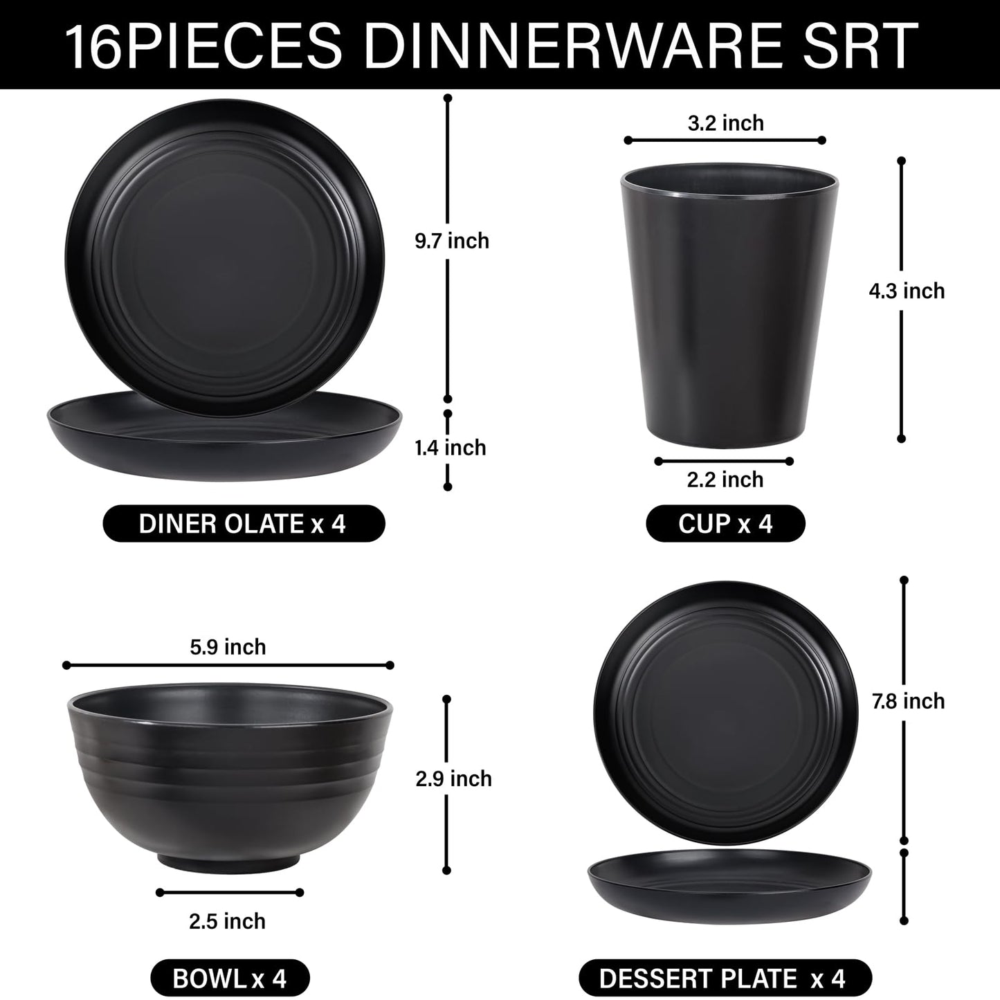LIYH 16 Pcs Black Wheat Straw Dinnerware Set - Unbreakable Plates and Bowls Set, Dish Set for 4, Black Plastic Dinnerware Set Include Wheat Straw Dinner Plates Bowls Cups Kitchen & Camping
