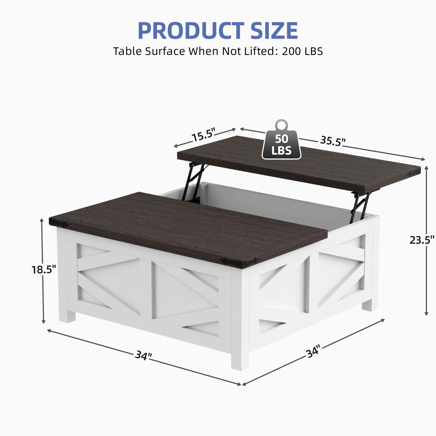 Buytime Farmhouse Lift Top Coffee Table with Storage, Wood Square Center Table with Charging Station, Living Room Table with Large Hidden Space, Rustic White