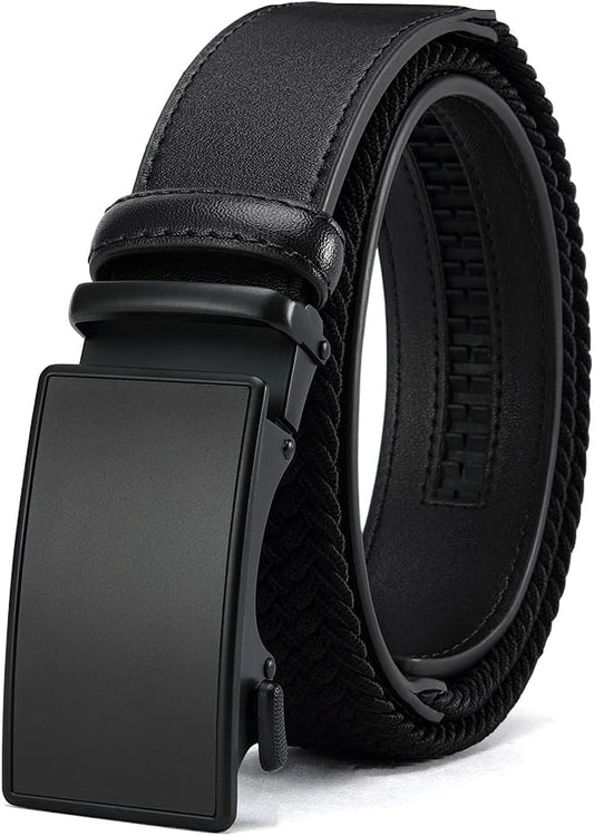 Men's Elastic Leather Ratchet Belt, Braided Stretch Belt, casual Fabric Belt, Design Width 1 3/8" for golf pants jeans
