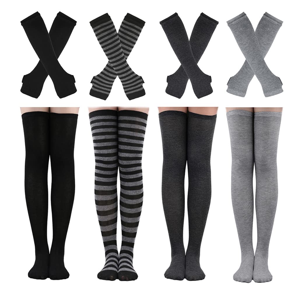 2/4 Sets Womens Striped Knee High Socks Long Knitted Arm Warmers Fingerless Gloves for Halloween Costume