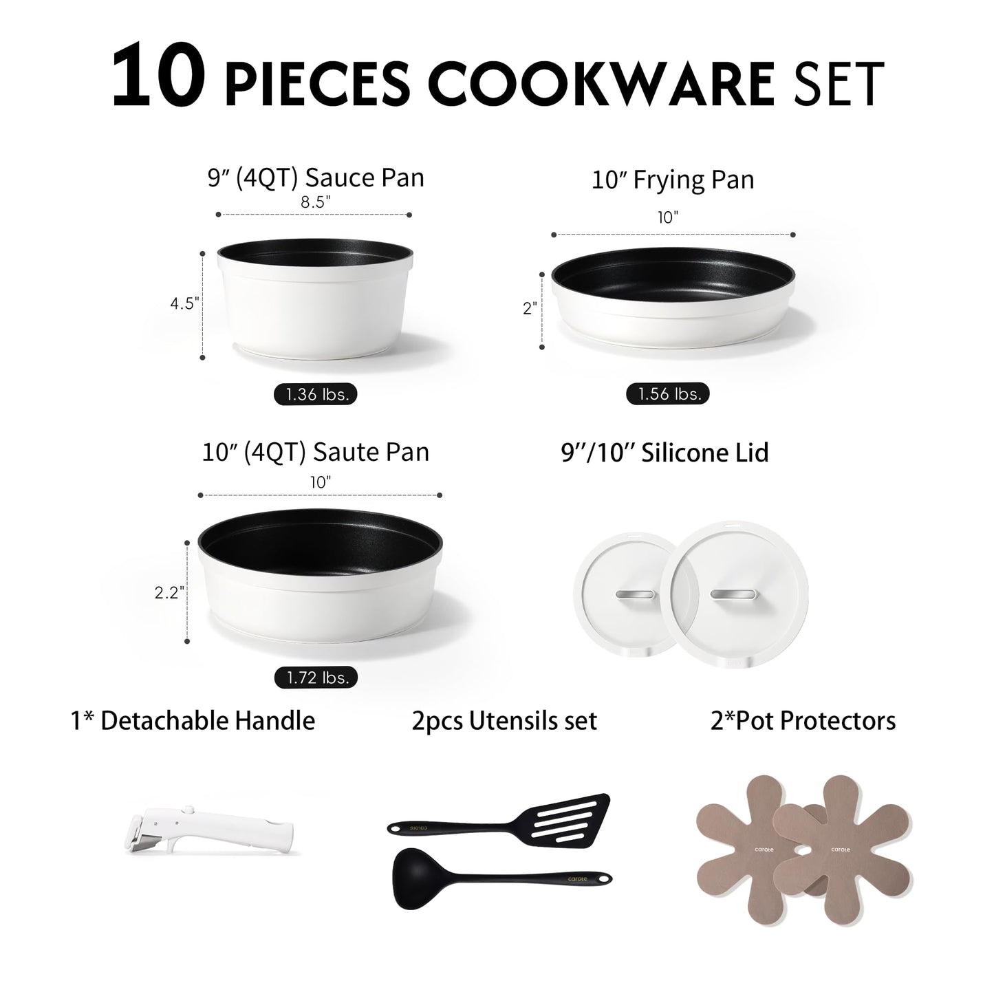 CAROTE 22pcs Pots and Pans Set Non Stick, Detachable Handle Cookware Set White, RV Cooking Set, Dishwasher/Oven/Fridge Safe, Pot and Pan Set, Induction Cookware