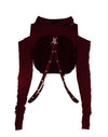 AULKEEP Gothic Punk Long Sleeve Cold Shoulder Hooded Crop Tops Buckle Strap Hoodie Sweatshirt