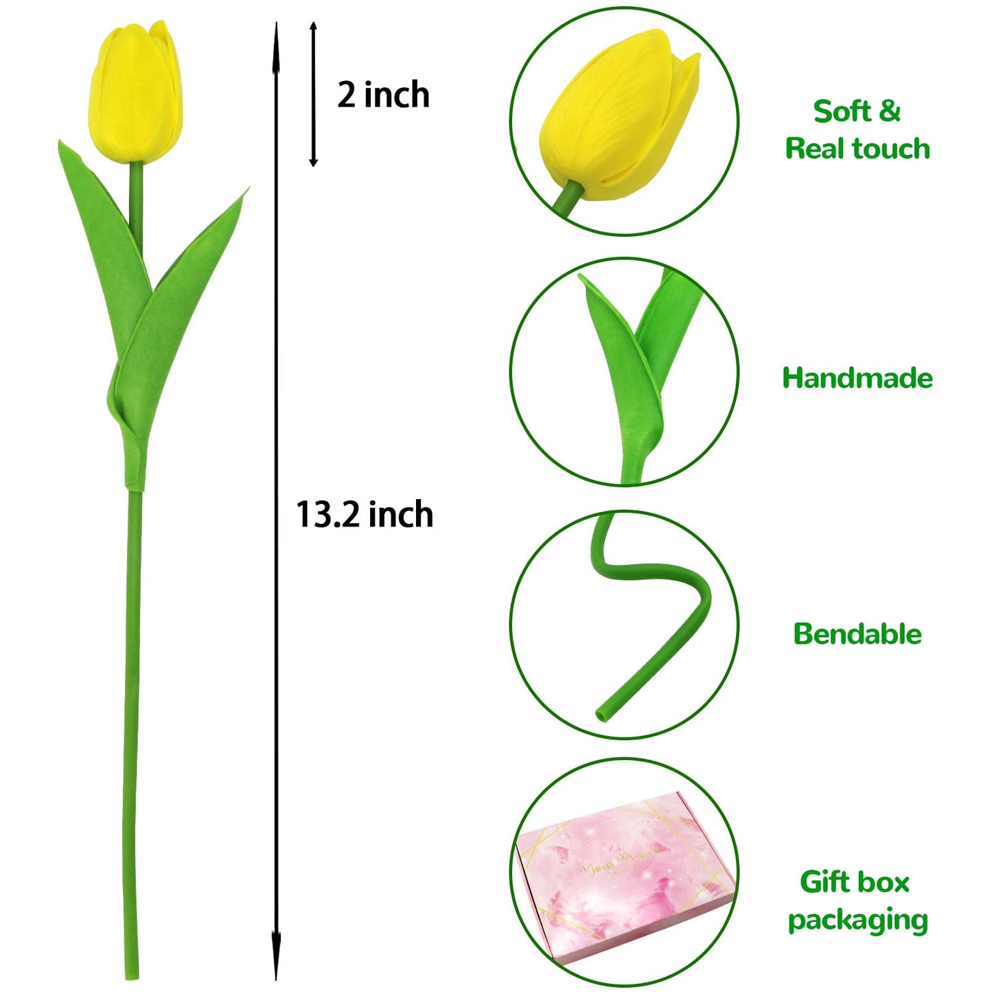 28pcs Yellow Flowers Artificial Tulip Stems Real Feel PU Tulips for Easter Spring Wreath Wedding Bouquet Centerpiece Floral Arrangement Cemetery Table Décor 13" Tall