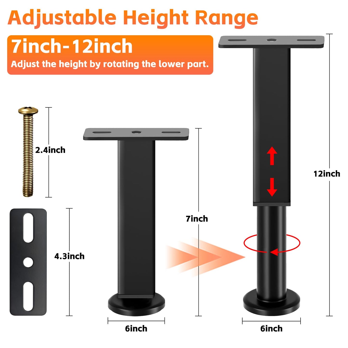 4PCS Adjustable Height Bed Support Legs, 7-12 Inch, Metal Heavy Furniture Legs with Rubber Non-Slip Base for Sofa/Cabinet/Couch/Dresser/Table, Furniture Feet Replacement for King Queen Bed Frame Slat
